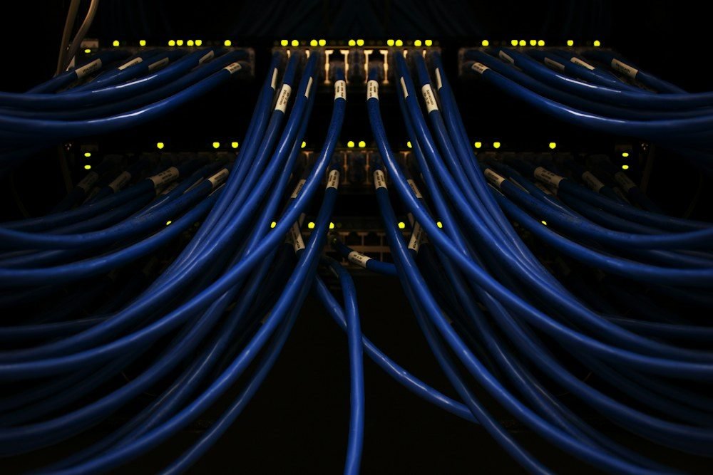 Kabel jaringan ethernet terhubung ke perangkat switch